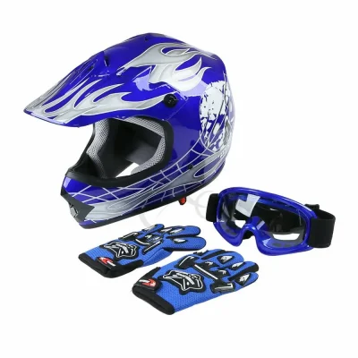 Dot Youth Kids Blue Dirt Bike Helmet Motocross Quards ATV Helmet Goggles+Gloves capacete moto Boys Gifts full face kask